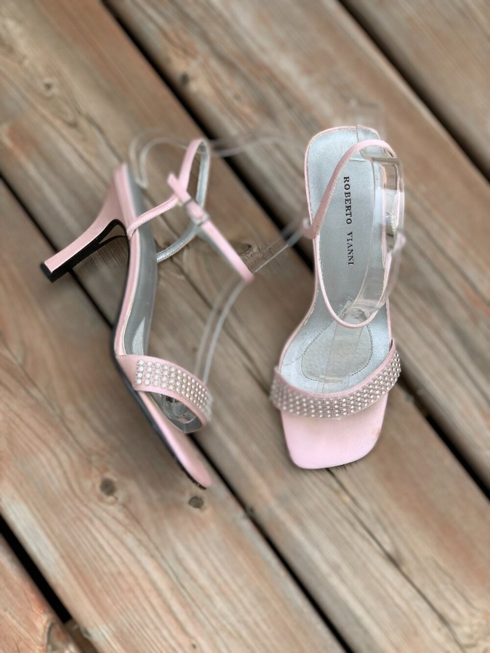 Roberto Vianni Open Toe Pink Rhinestone Sandals 6.5 Ankle Strap Event High Heels